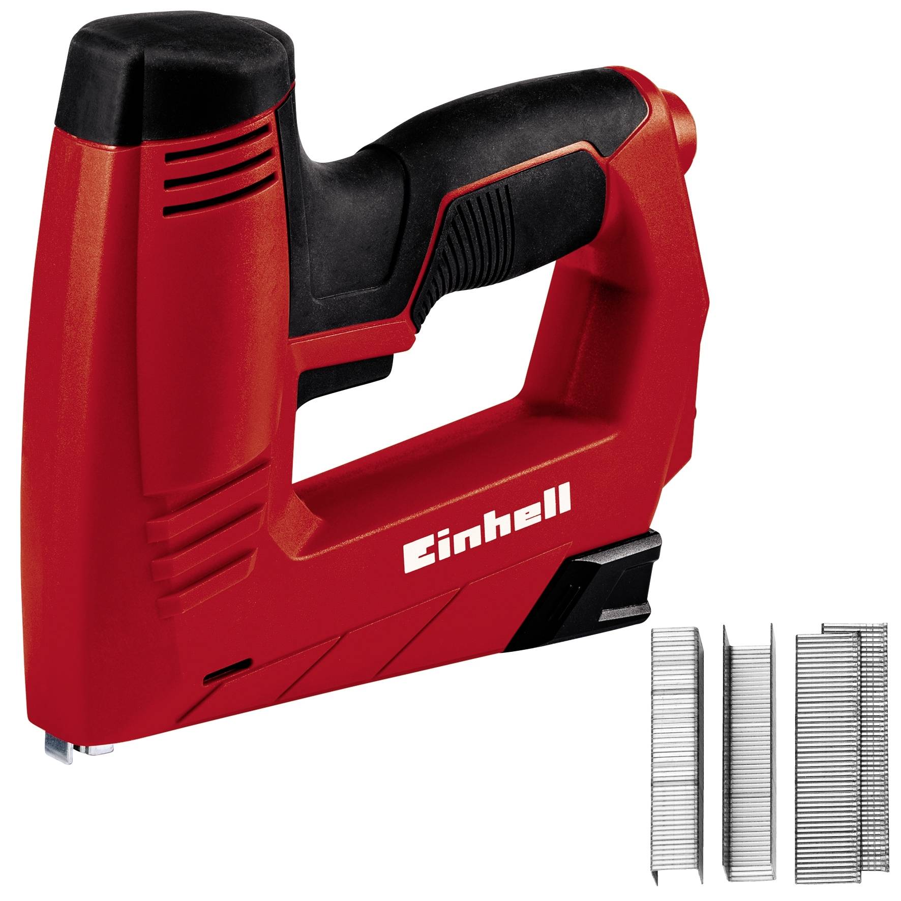 'Red Electric Staple Gun' by Einhell. Contains two levers and a trigger. Three strips of staples in different sizes are shown beside it.