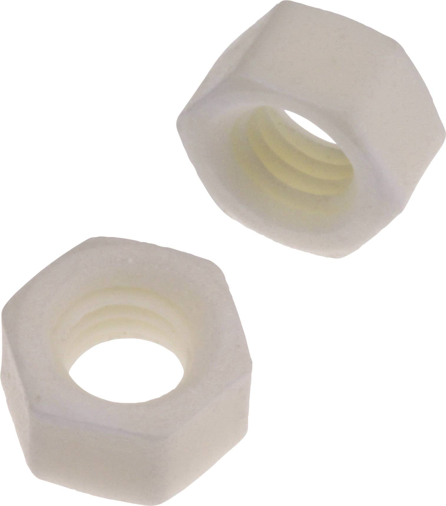 Two white hexagonal plastic nuts.