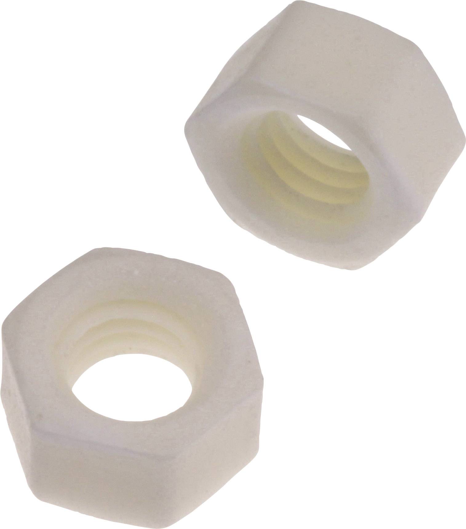 Two white plastic hexagonal nuts against a white background.
