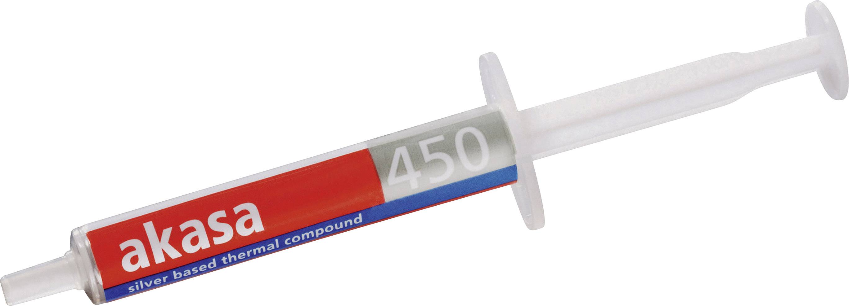 A syringe with the label 'akasa 450 silver based thermal compound', contains thermal paste for cooling electronic components.