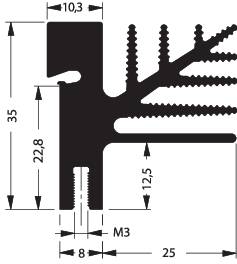 Technical drawing of a heatsink with dimensions: 35mm height, 25mm length, 10.3mm upper width, 8mm lower width, M3 thread.
