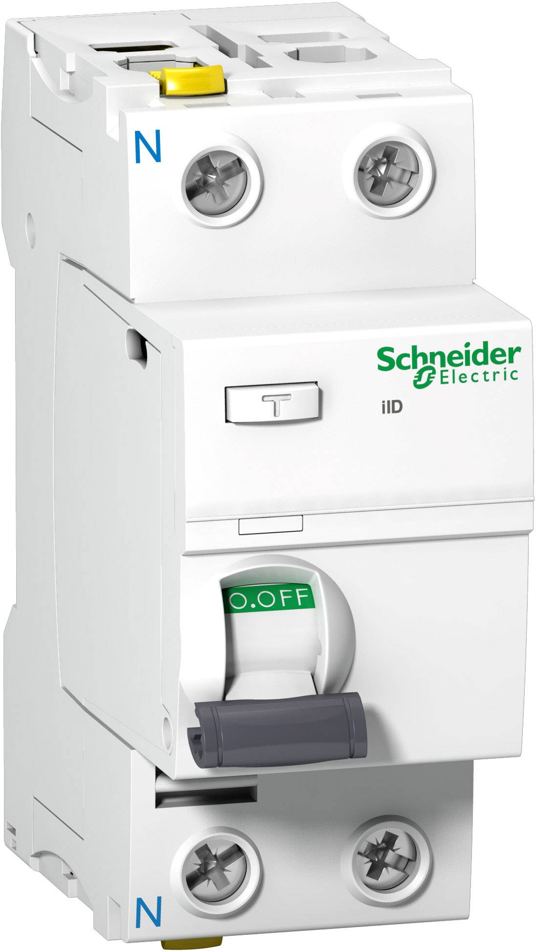 A circuit breaker from Schneider Electric with 'ON' and 'OFF' markings, shows the lever in the 'OFF' position, for electrical safety.