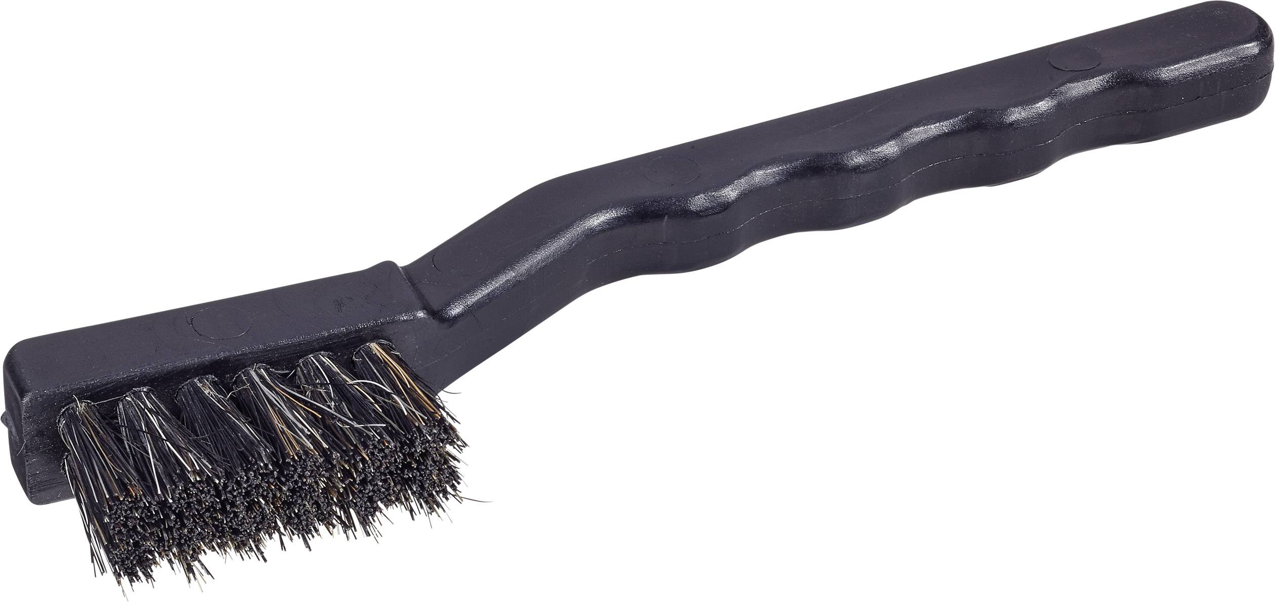 A black wire brush with an ergonomic handle, used for cleaning surfaces.