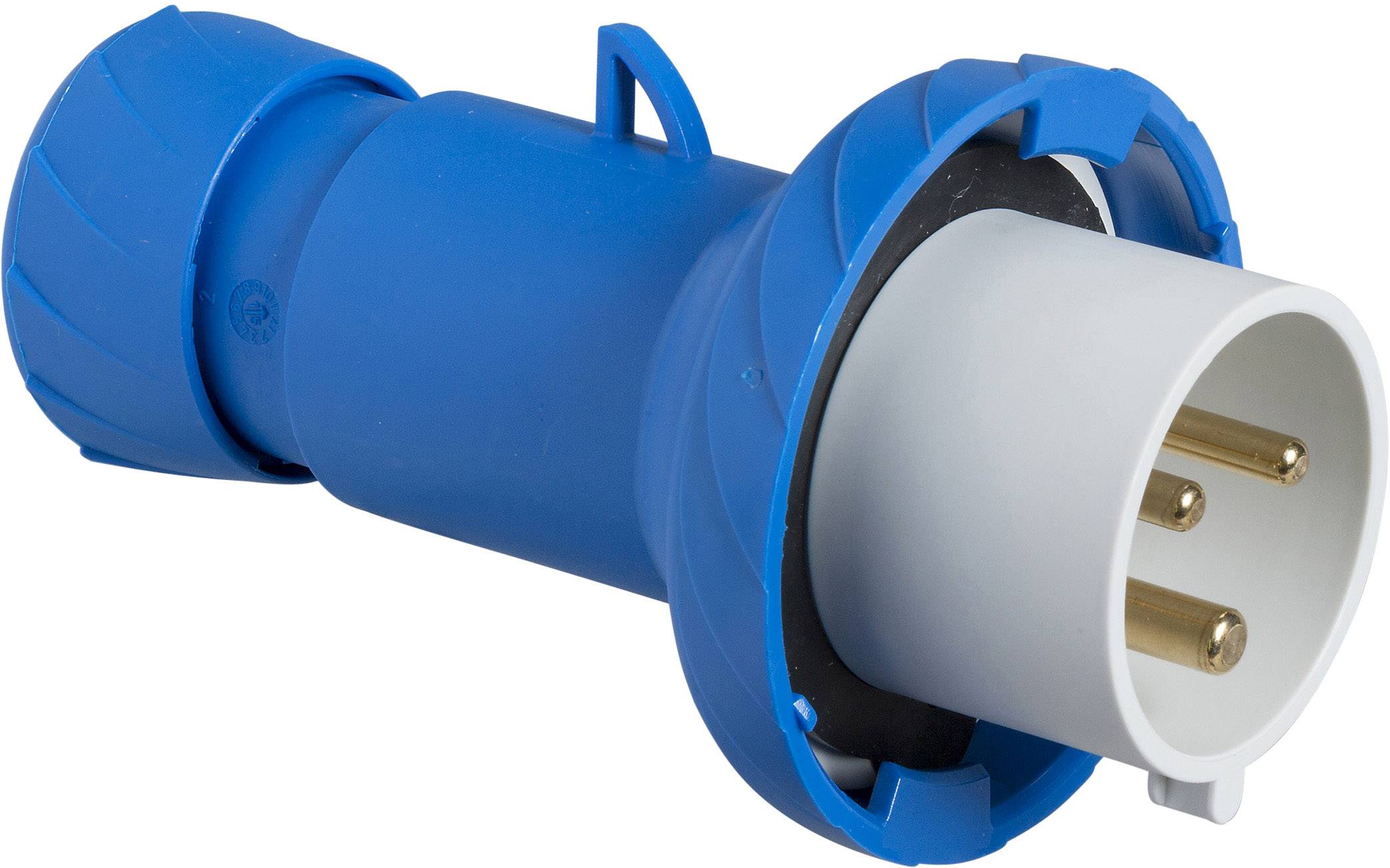 A blue, three-pin, round plug with a plastic housing and metal contacts. Suitable for industrial applications.