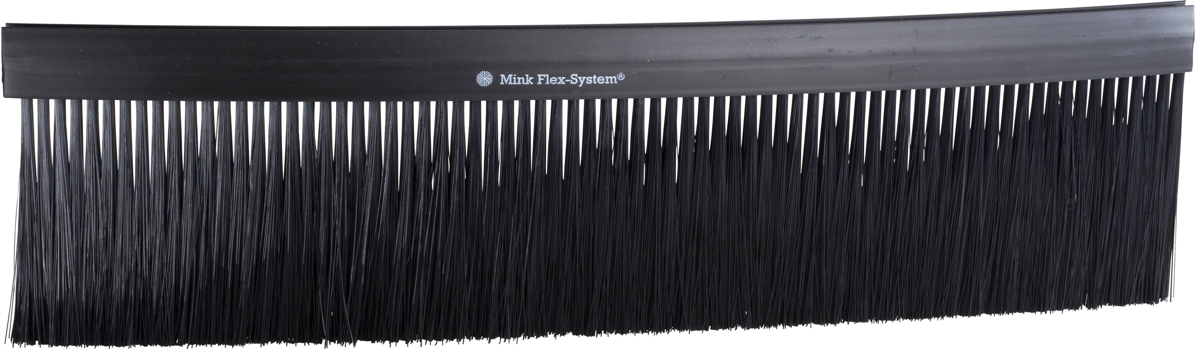 Black plastic broom with fine bristles, suitable for cleaning smooth surfaces.