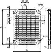 Technical drawing of a plate with dimensions and radii. Shows numerous rectangular openings and various measurements in millimetres.