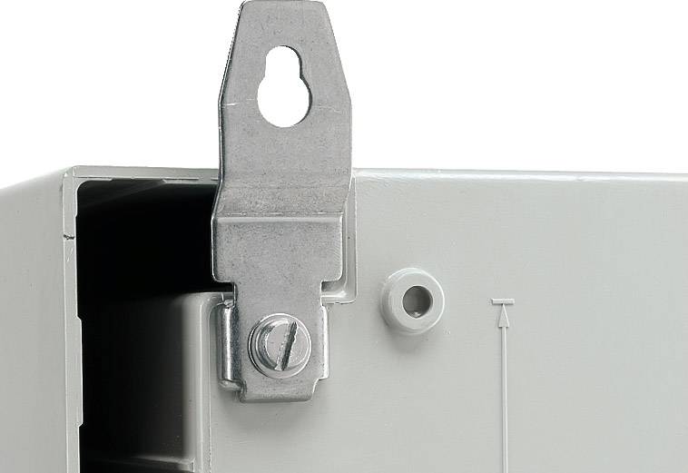 Metal fastener on a grey enclosure. A hole for mounting is visible at the top.