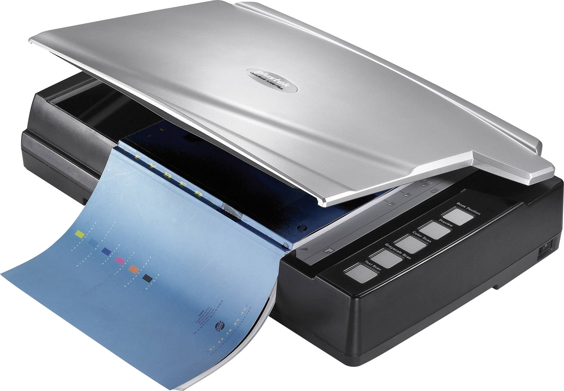 A flatbed scanner is scanning a blue sheet of paper. The scanner lid is partially open to show the scanning process.