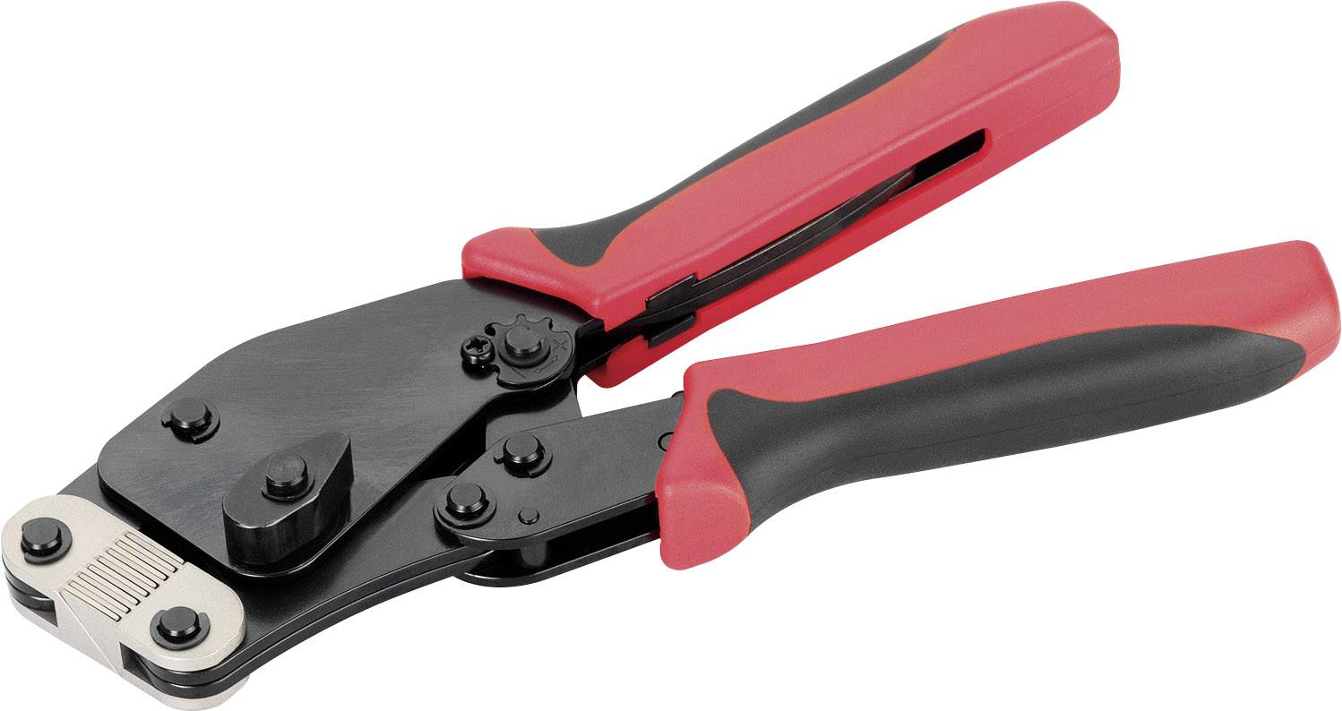 A red and black cable lug crimping pliers used for crimping electrical cable connections.