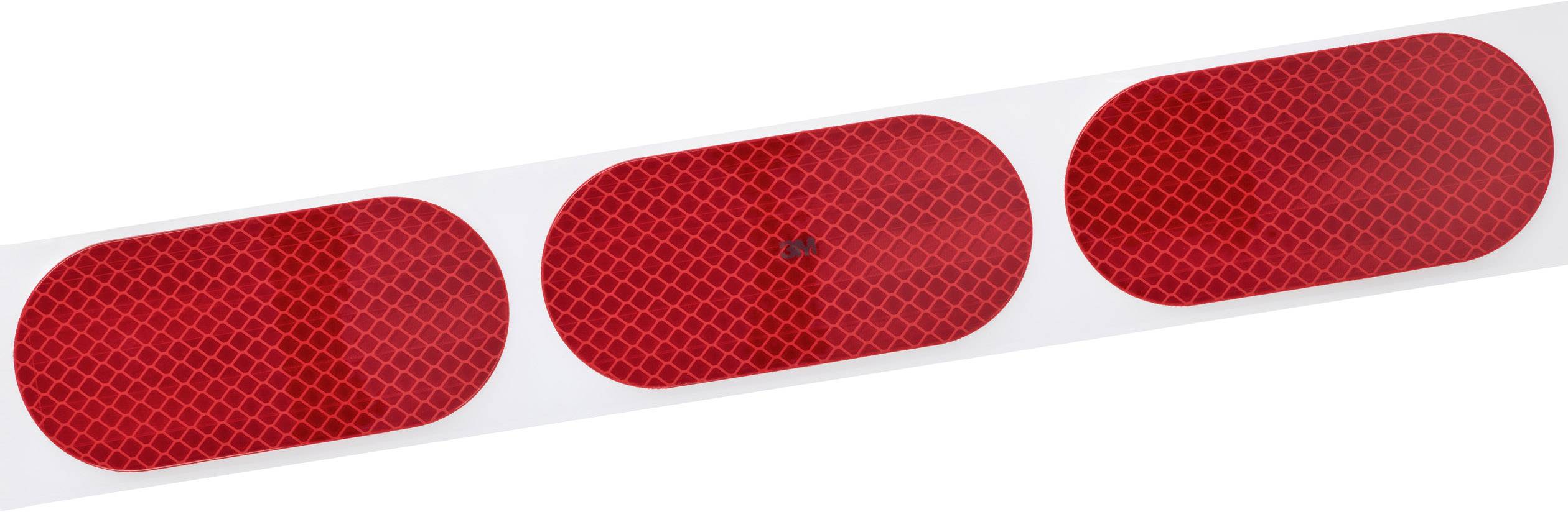 Three oval red reflectors on a white stripe.