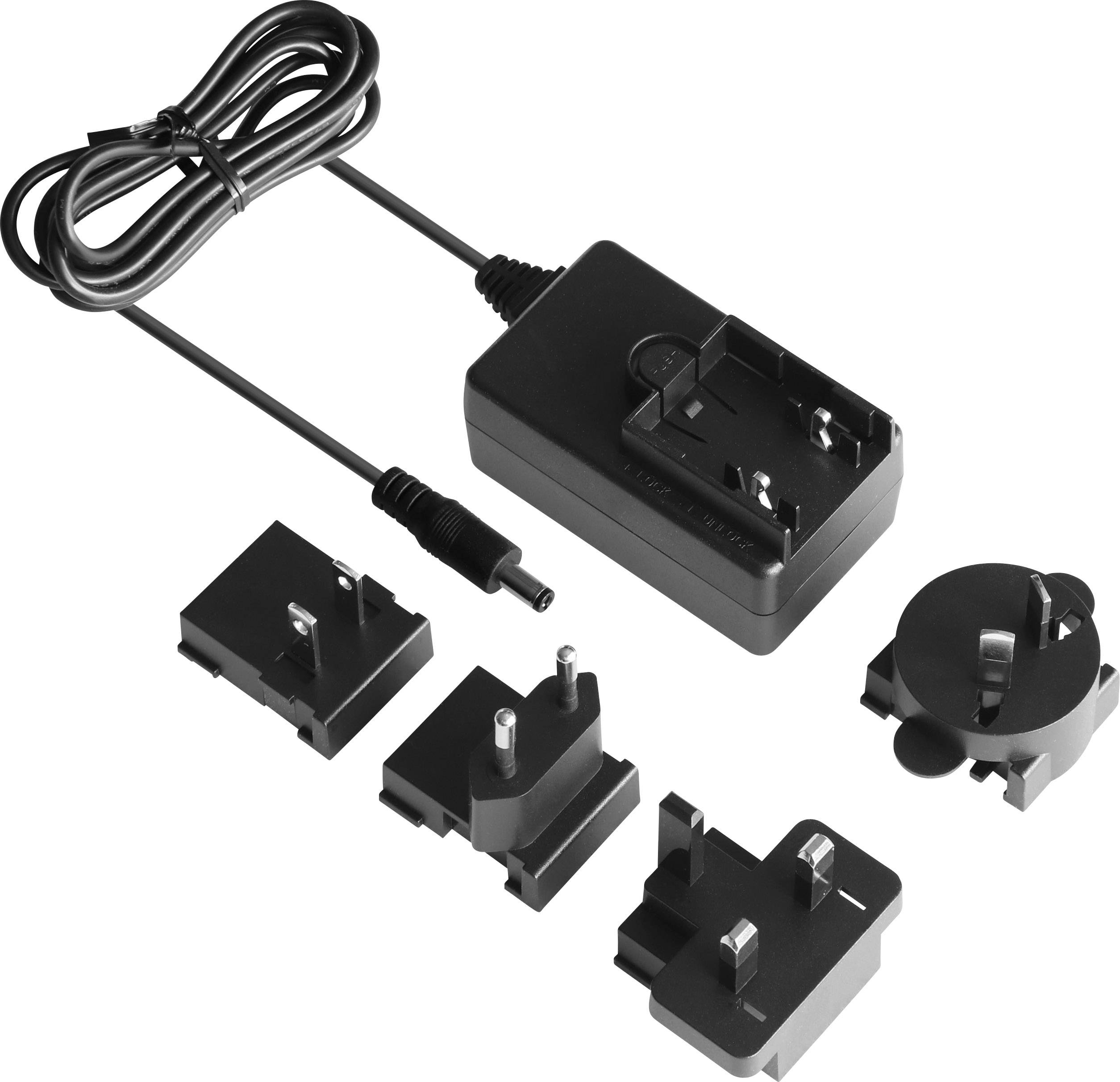 Black power supply with cable and four interchangeable plug adapters for different socket types.