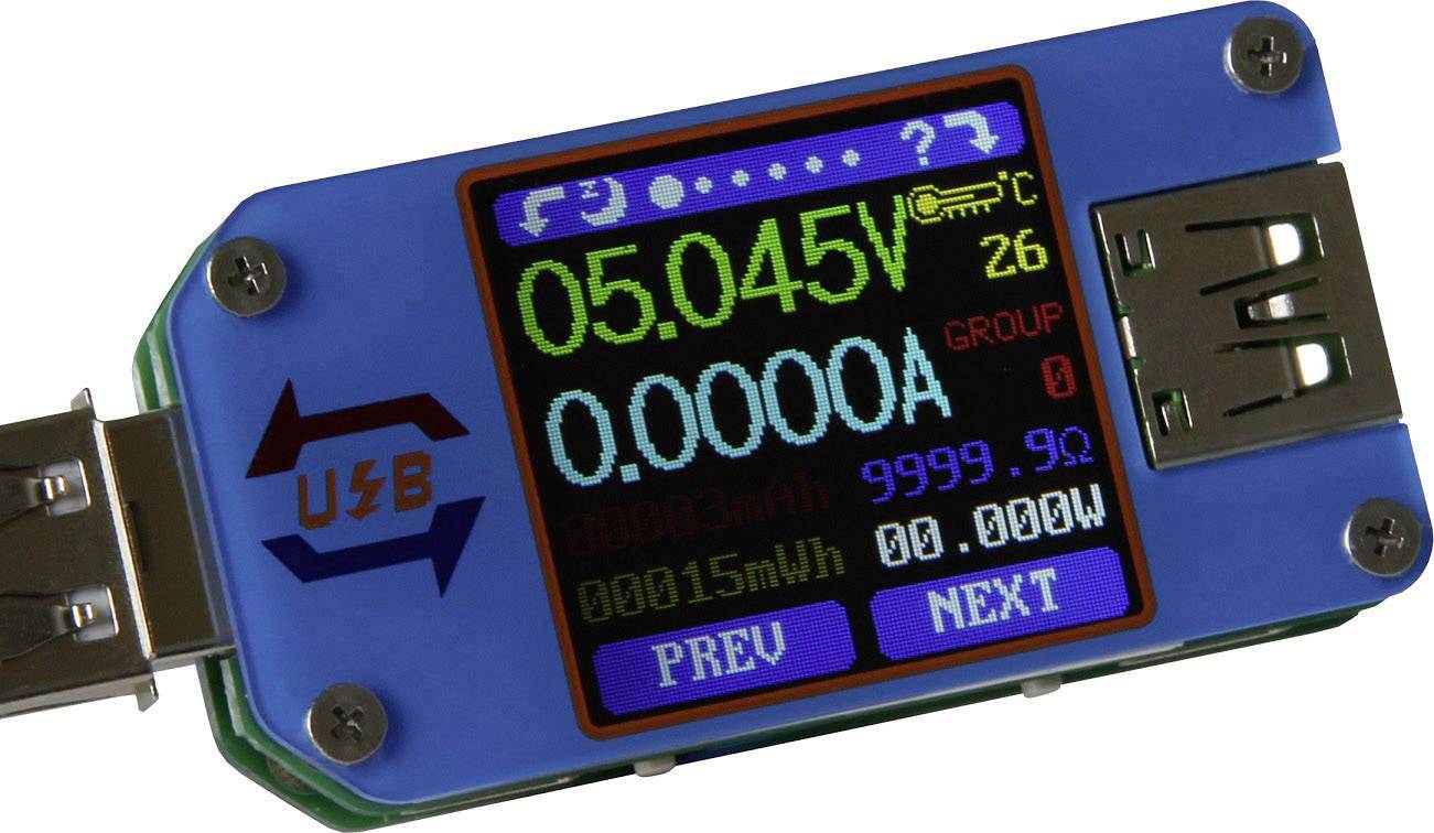 USB tester with digital display, showing '05.045V' and '0.0000A'. Contains USB symbols, arrows and buttons 'PREV' and 'NEXT'.