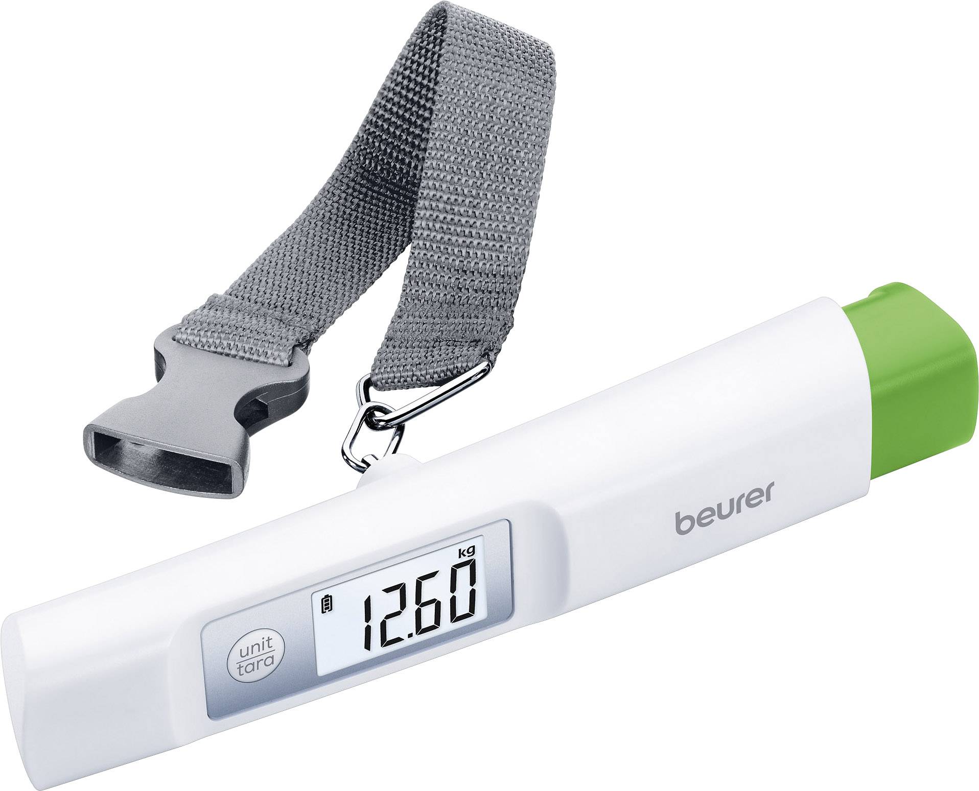 Digital luggage scales, showing weight '12.60 kg', with grey attachment strap.