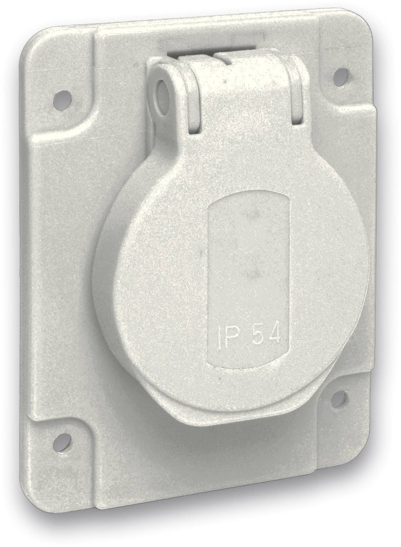 Grey socket with cover, IP54 rated, suitable for use in damp or dusty environments.