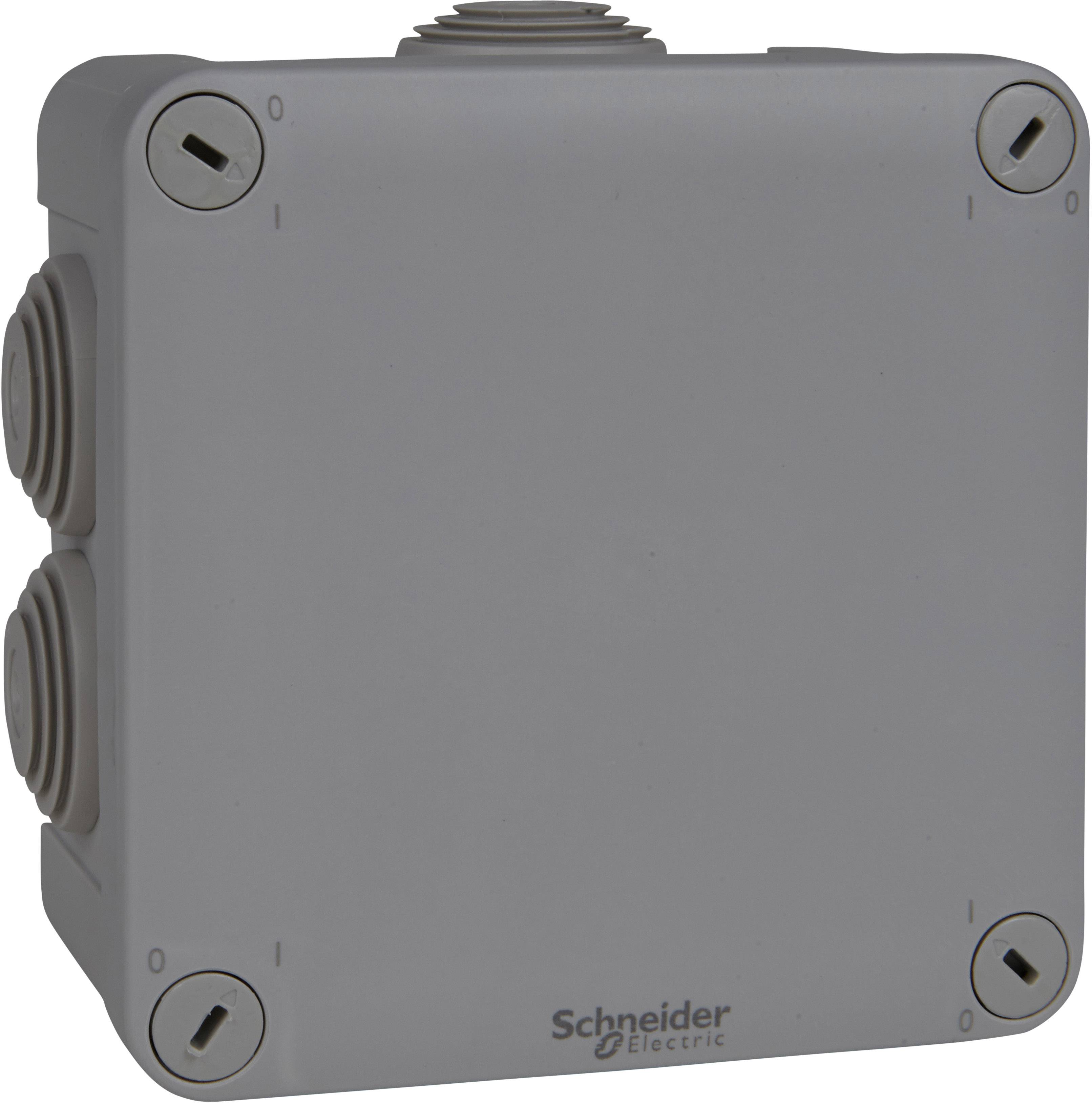 Grey, square junction box with side cable entries, screw closures, and the 'Schneider Electric' logo.