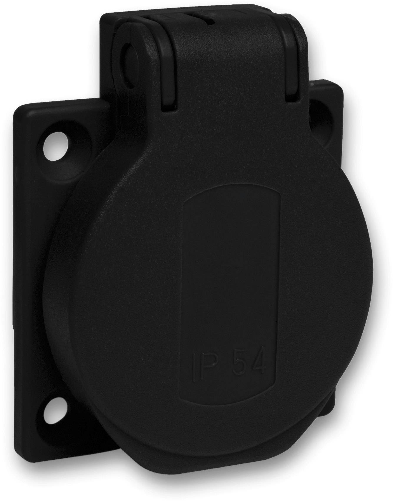 Black wall socket with hinged cover, square shape, IP54 standard, four mounting holes, suitable for damp environments.