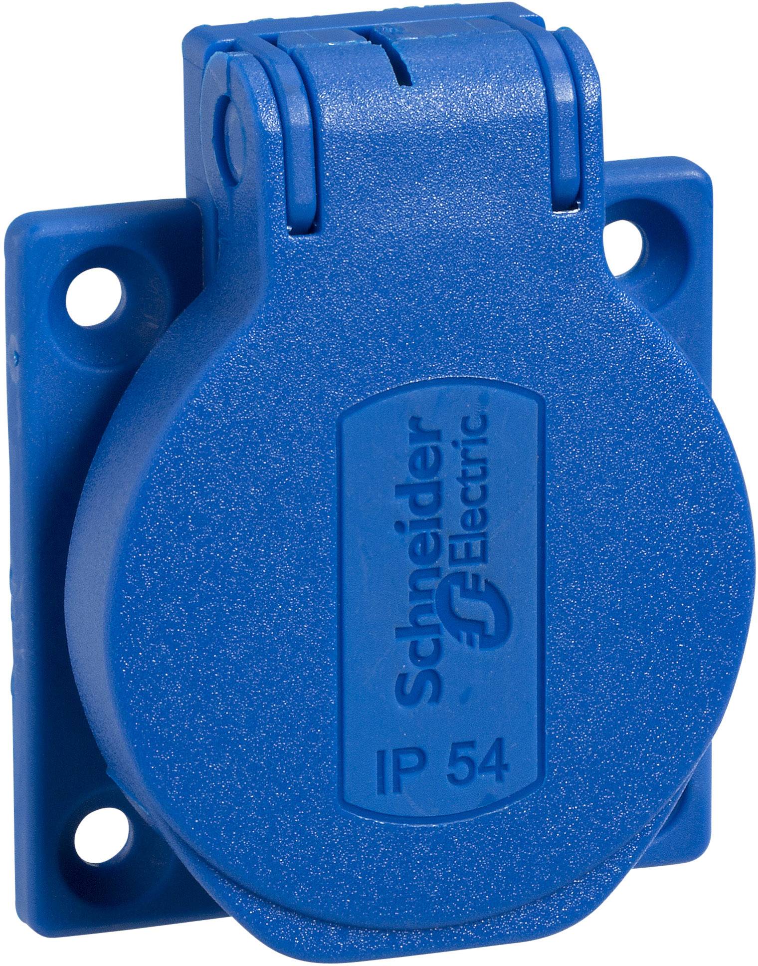 Blue plastic casing of a socket cover with the inscription Schneider Electric and IP 54, suitable for wall mounting.
