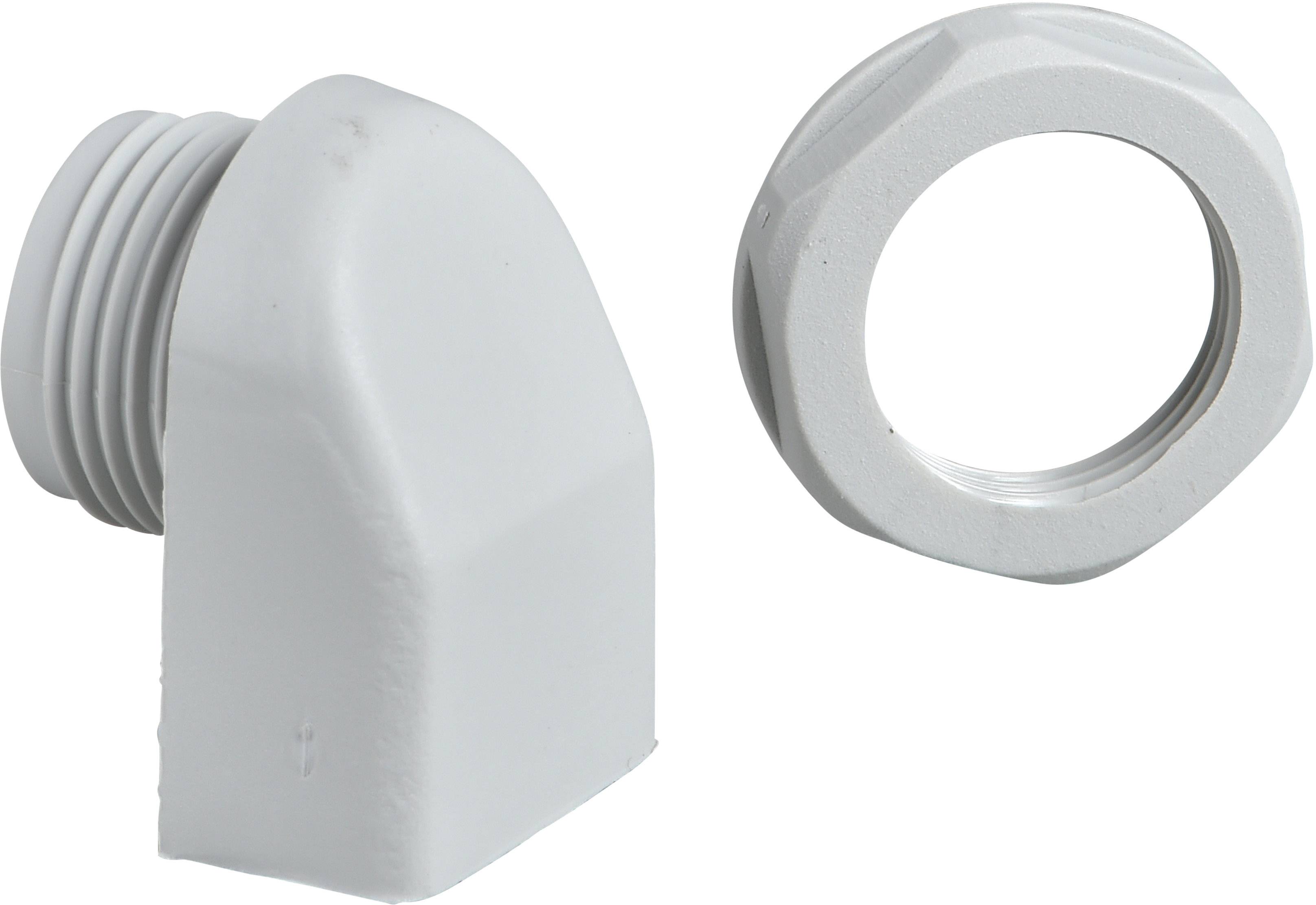 A grey plastic angle hose adapter with two different connections, suitable for pipe connections and water systems.