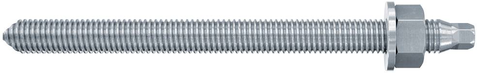 A long, silver metal threaded dowel pin with nut, positioned on a white background. Suitable for secure fastening of components.