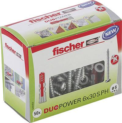 A green and red packaging with wall plugs and screws from the brand 'fischer', type 'DuoPower 6x30 SPH', pack of 50.