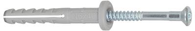 A grey wall plug with a screw for fixing materials to walls. The design enables secure anchoring in various surfaces.