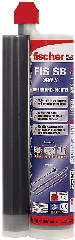 Cartridge with Fischer FIS SB 390 S Superbond Mortar, 390 ml, with red cap and metal applicator.