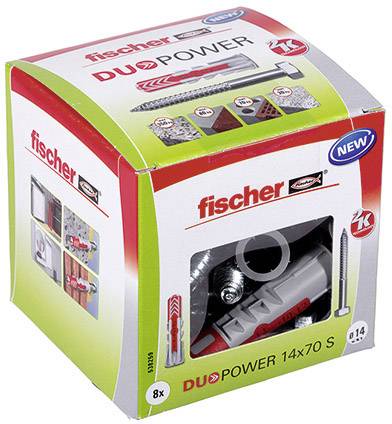 'Fischer DUOPOWER 14x70 S' Packaging, shows wall plug and screw, suitable for various materials, 8 pieces.