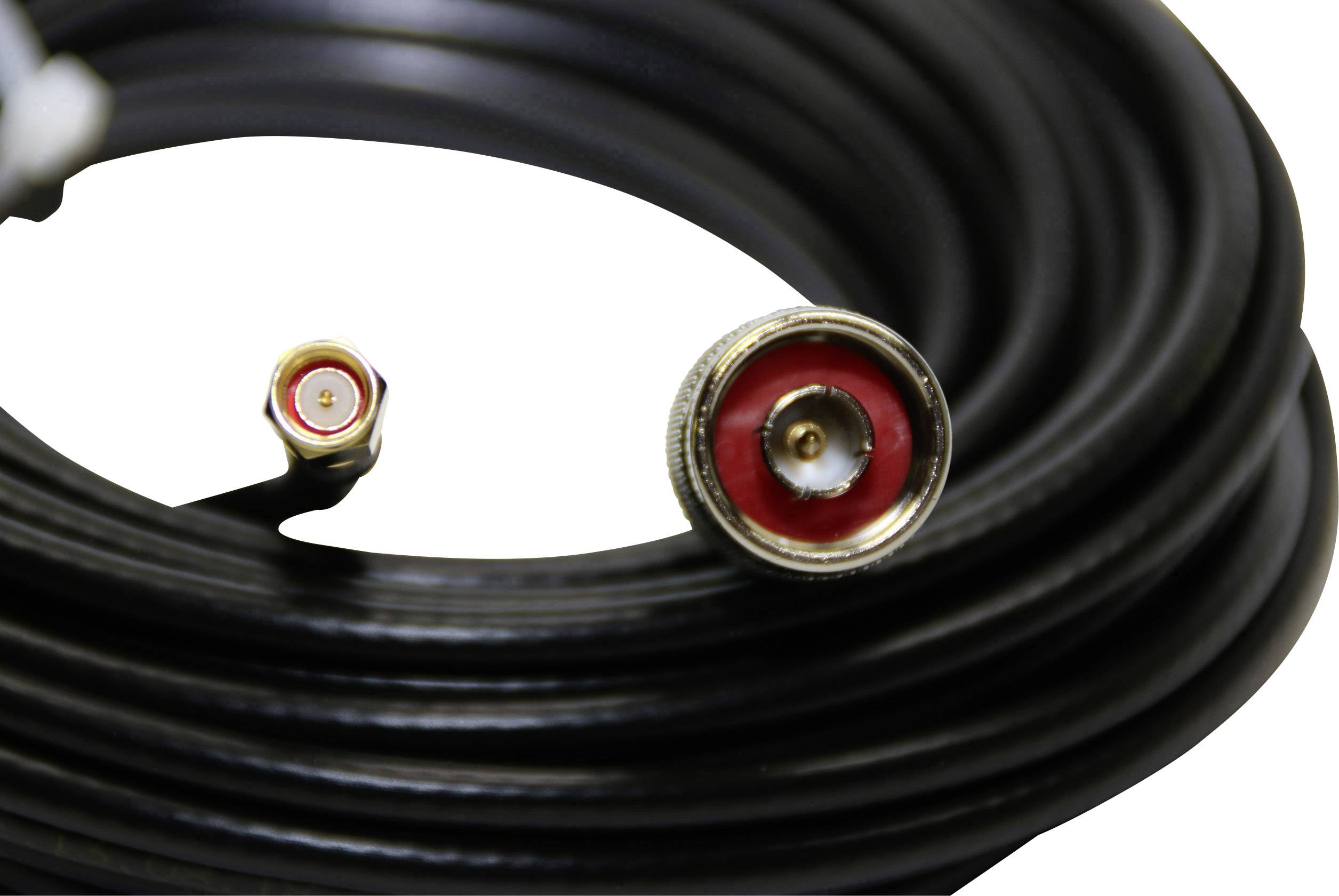 A coiled black cable with metal plugs at both ends, suitable for electronic or communication connections.