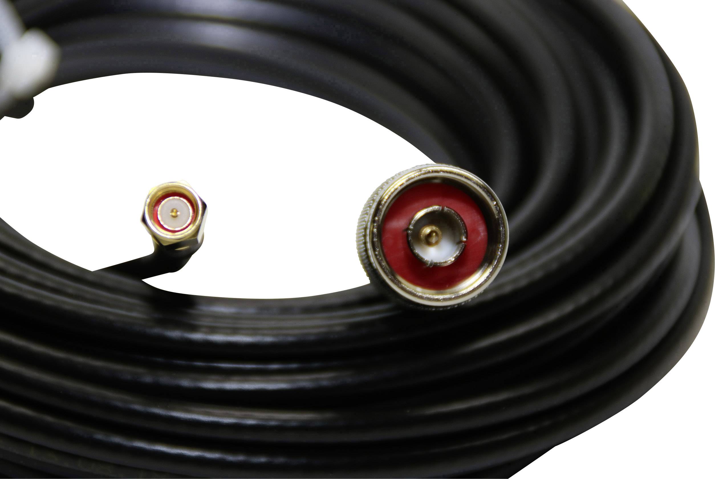 A black coaxial cable with an F-connector and a coax plug, coiled; suitable for signal transmission.