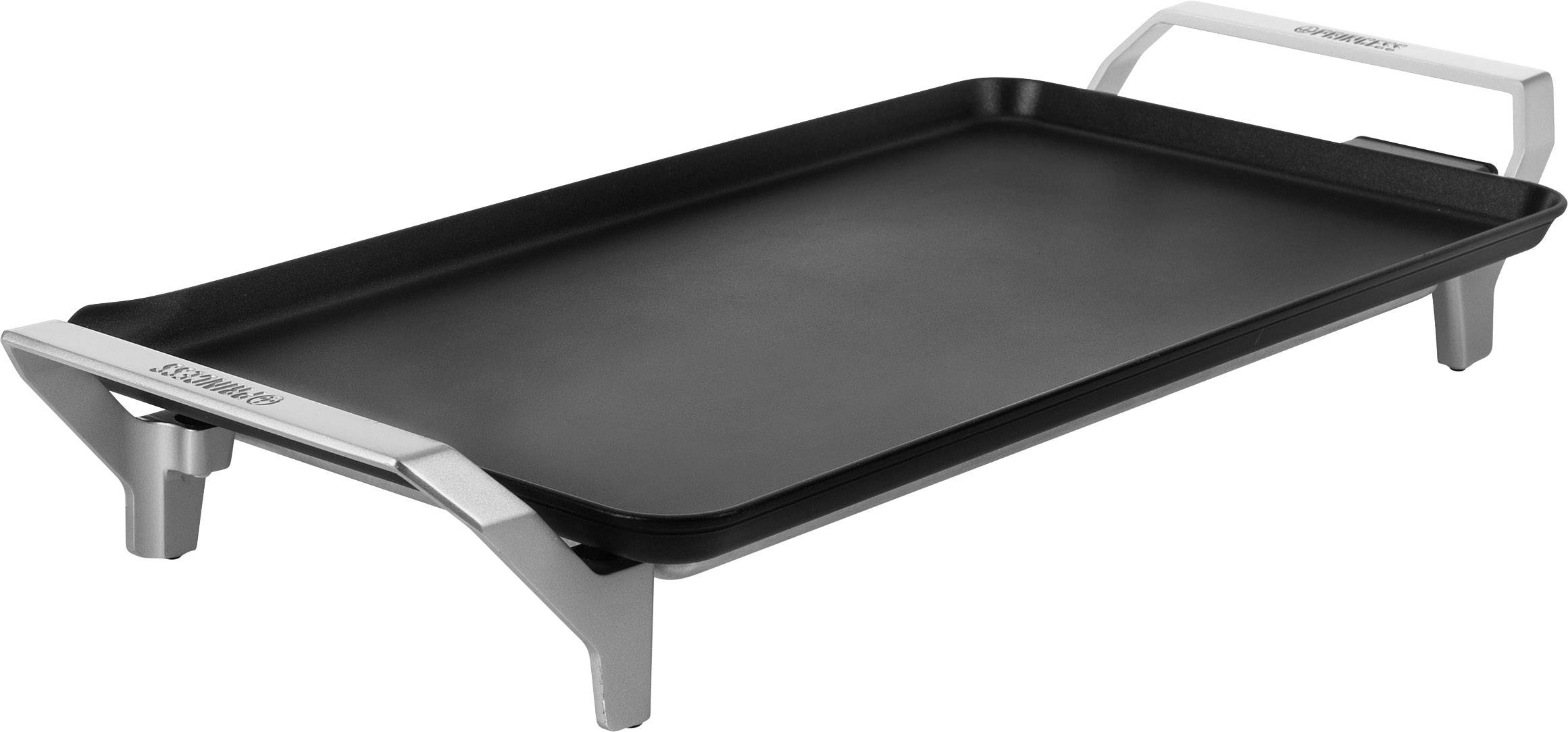 Electric griddle with a black, rectangular cooking surface and silver handles at both ends.