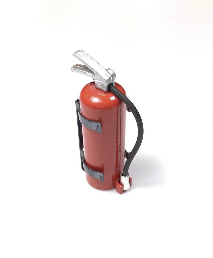Red fire extinguisher with black hose nozzle and silver handle against a white background.