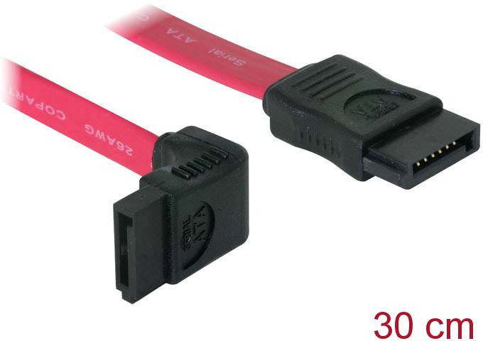 A 30 cm long SATA cable with a black connector at each end of a red-coloured cable.