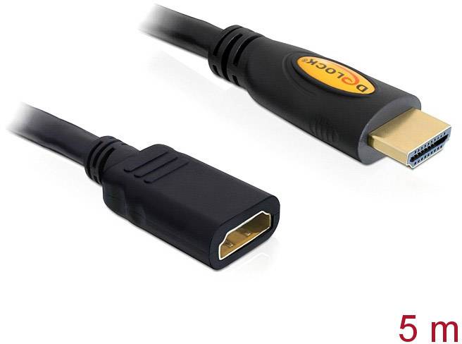 Illustration of a 5-metre long HDMI cable with a plug and a socket, suitable for video and audio connections.