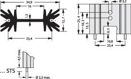 Technical drawing of an electronic component with dimensional specifications. Shows front view and side view with detailed measurements.
