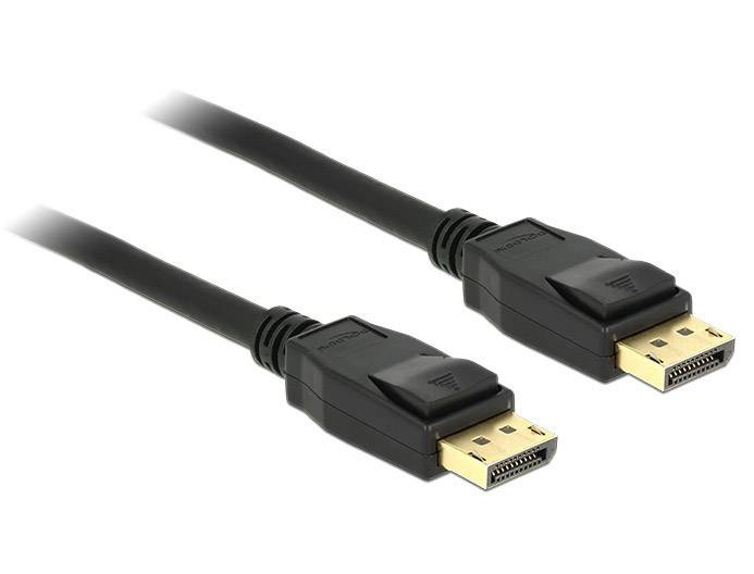 Two black DisplayPort cables with plugs, used for transmitting audio and video signals between devices.