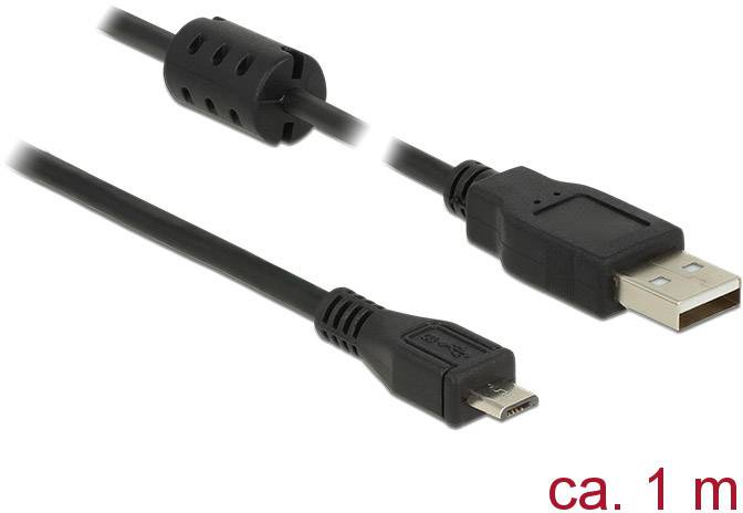 USB to Micro USB cable, black, length approx. 1 metre, with ferrite core for interference suppression.