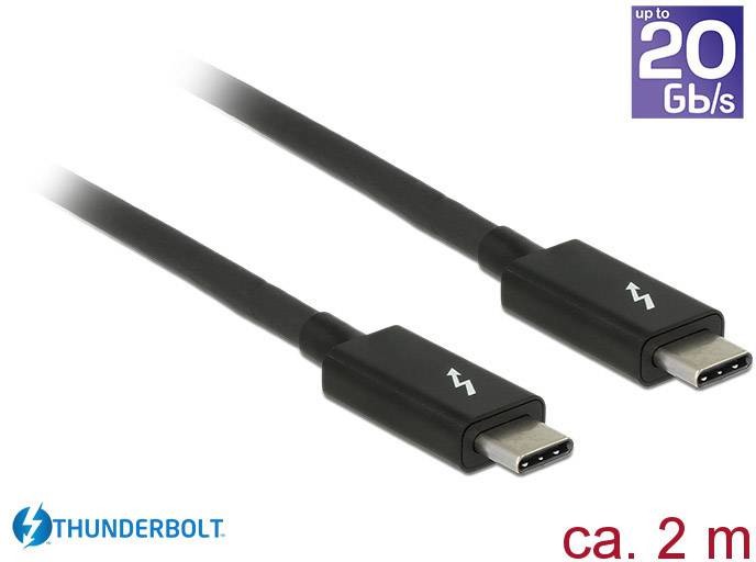 A black Thunderbolt cable with USB-C connectors, approximately 2 metres long, supports transfer speeds of up to 20 Gb/s.