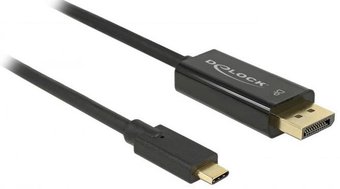 USB-C to DisplayPort cable adapter, black with gold connectors, Deloock brand, for connecting devices with different interfaces.