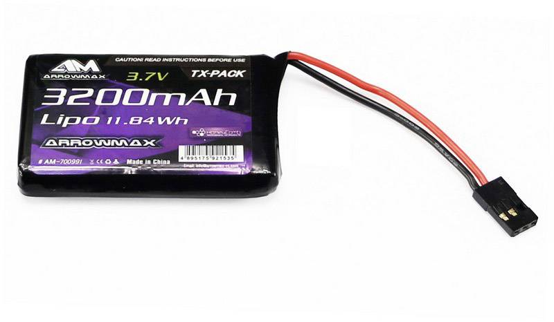 Lithium-Polymer battery with 3200mAh, 3.7V, labelled 'Lipo 11.84Wh'. Black with red and black connection cables.