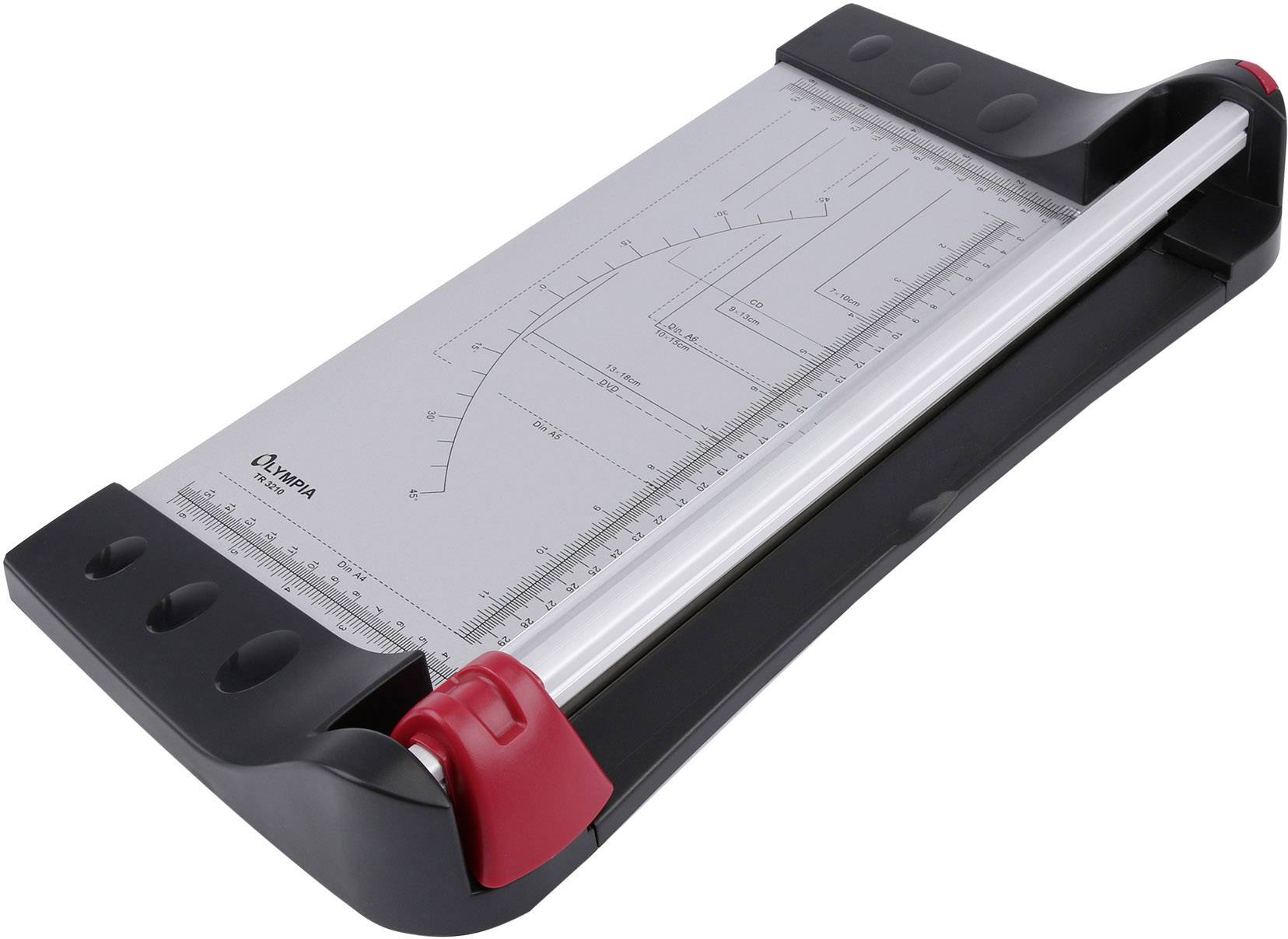 Paper cutting machine with a red, black, and grey design and scales on the surface for precise alignment when cutting paper.