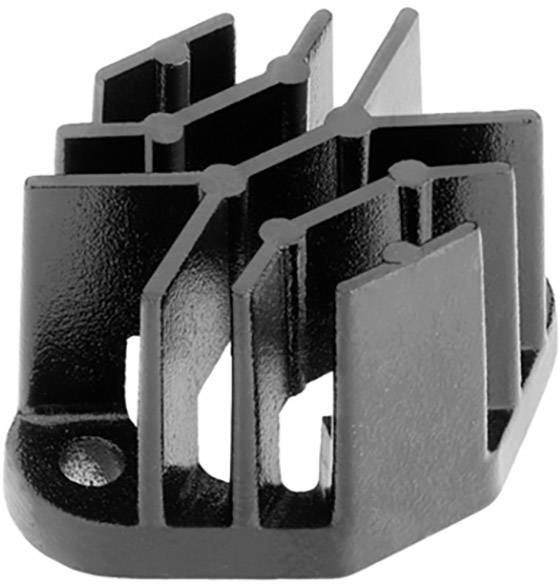 Black metal heatsink with multiple vertical fins to promote heat dissipation.