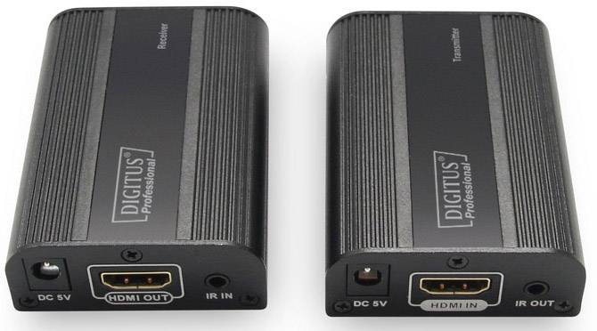 Two Digitus devices, labelled as 'Receiver' and 'Transmitter', with connections for DC 5V, HDMI and IR. They are designed for the transmission of HDMI signals.