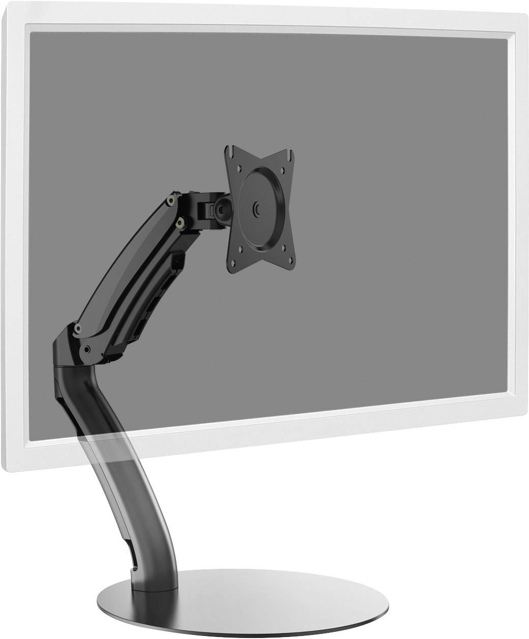 Swivel monitor arm with a circular base stand and mounting bracket for attaching a screen, shown against a grey background.