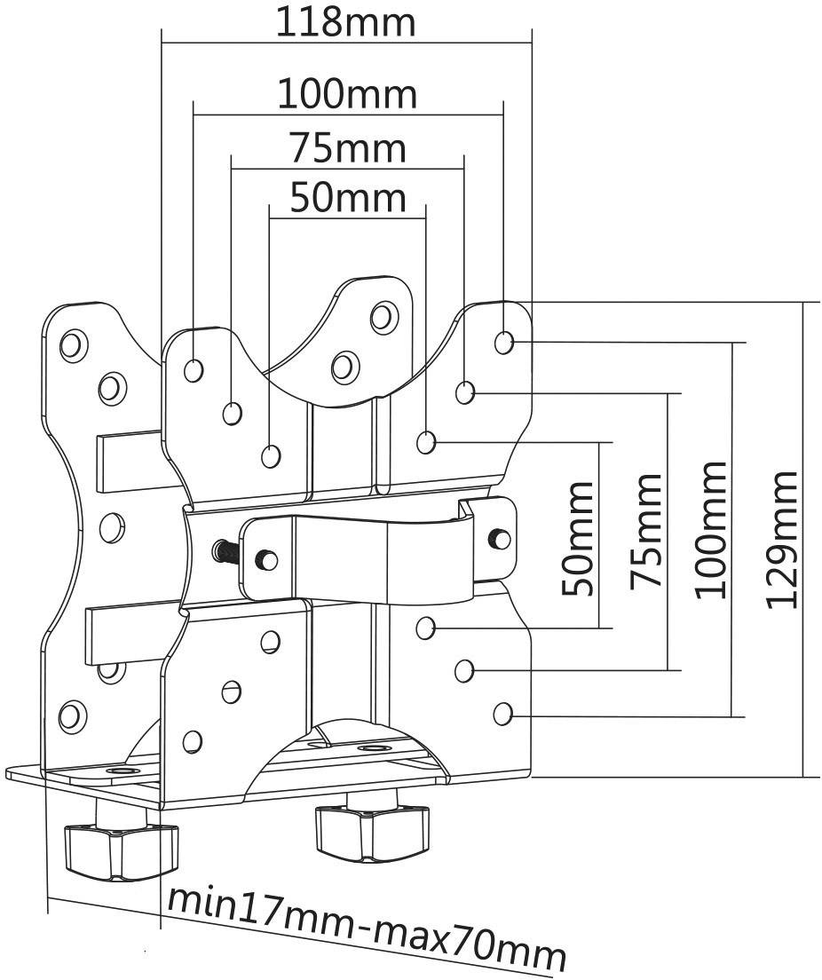 Technical drawing of a metal bracket with multiple dimensions: width 118mm, height variable, various parts ranging from 50mm to 129mm.