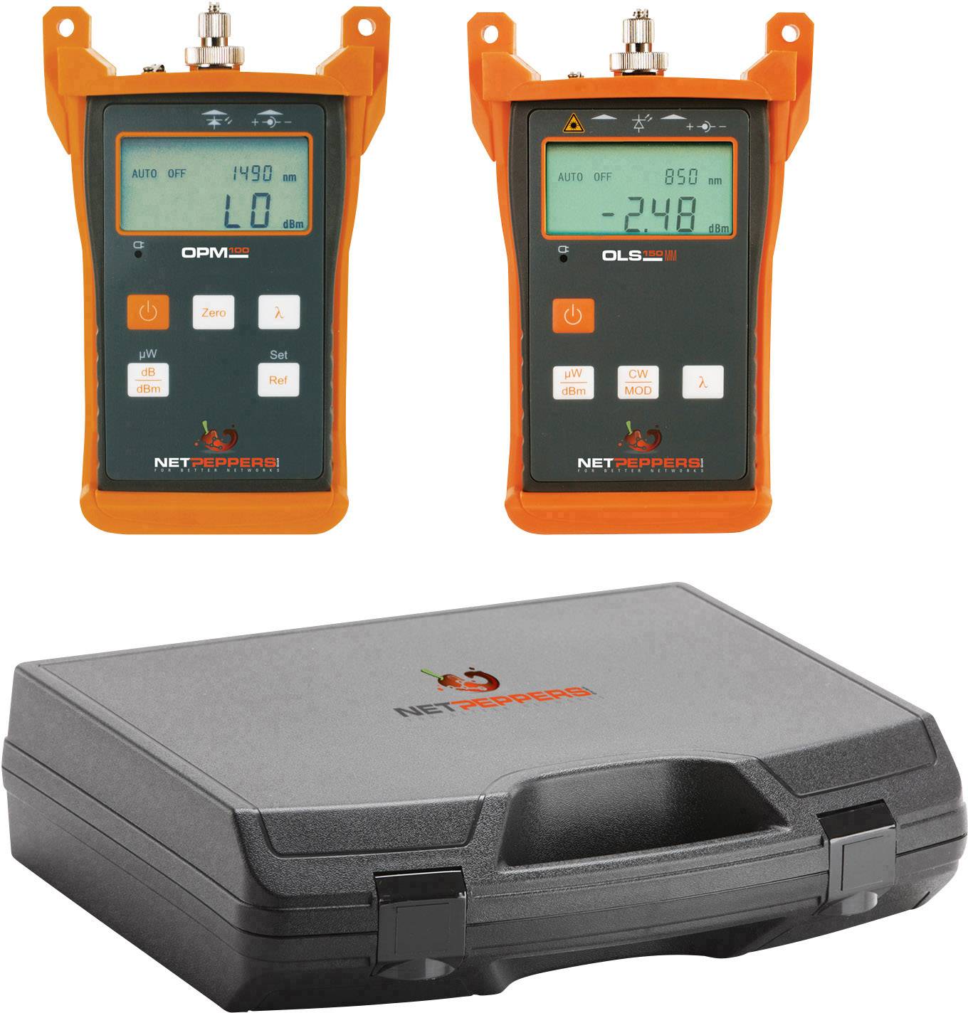Two orange optical power measurement devices beside a black transport case. The displays show different measurement readings.