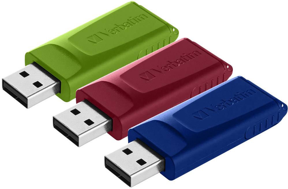 Three USB drives in green, red and blue, from the Verbatim brand, lying side by side.