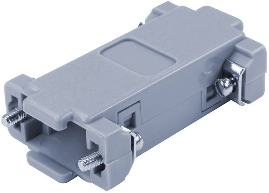 A grey electrical junction box with a rectangular shape and side-mounted screws for securing cables or conduits.
