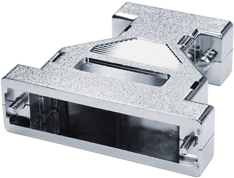 Metal casing for D-sub connectors with silver finish. Rectangular shape with two screw-mountable connection points on the sides.
