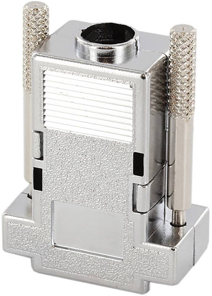 Metallic D-sub plug with screws and rectangular connector, commonly used in electronics for interface connection.