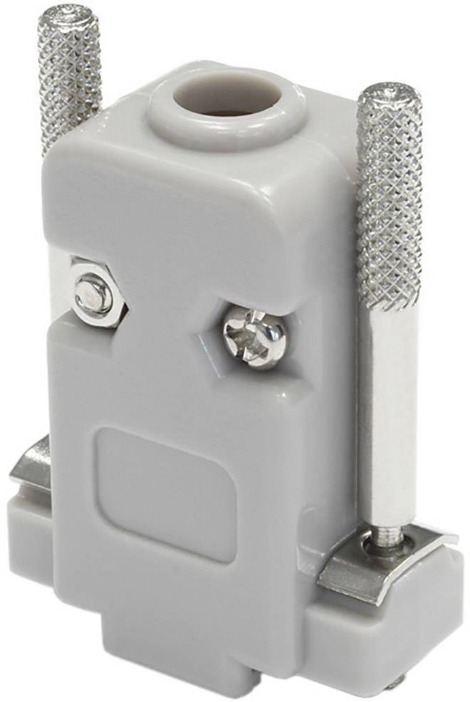 Grey electrical component with screws and an upper connection hole, used for electrical connections.